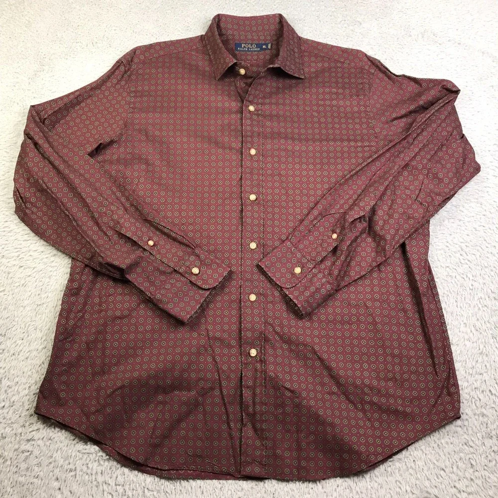 Polo Ralph Lauren Shirt Mens XL Burgundy Geometeric Cotton Button Up Long Sleeve